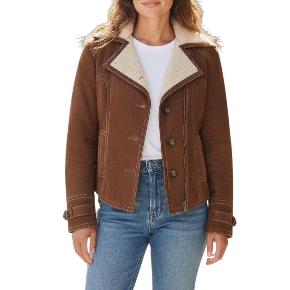 GUESS Leather Western Sherpa Teddy Lined Button Front Moto Rancher Jacket Size M